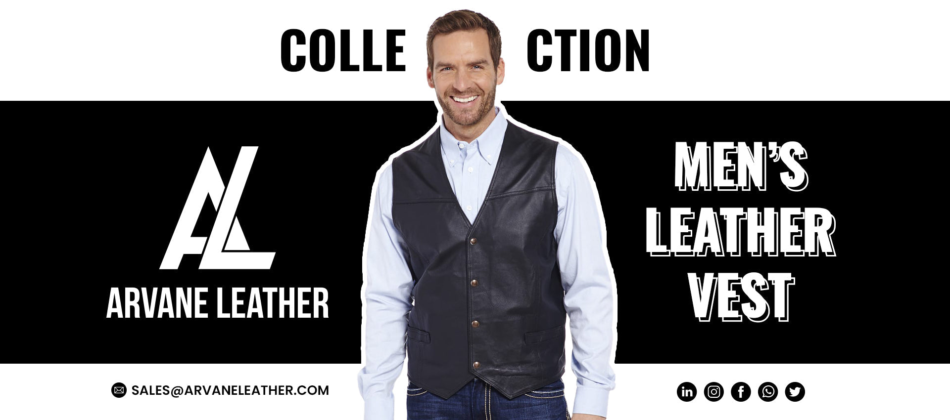 "Arvane Leather Men’s Leather Vest – classic black genuine leather vest for men, featuring button front and sleek design, perfect for casual or biker style outfits."