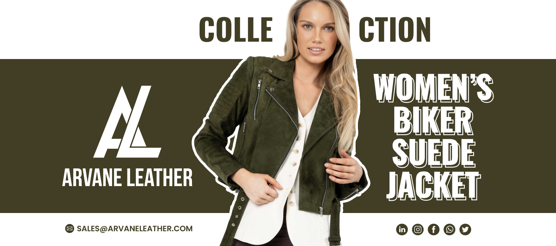 A woman models the ARVANE LEATHER suede biker jacket from the Women's Collection.