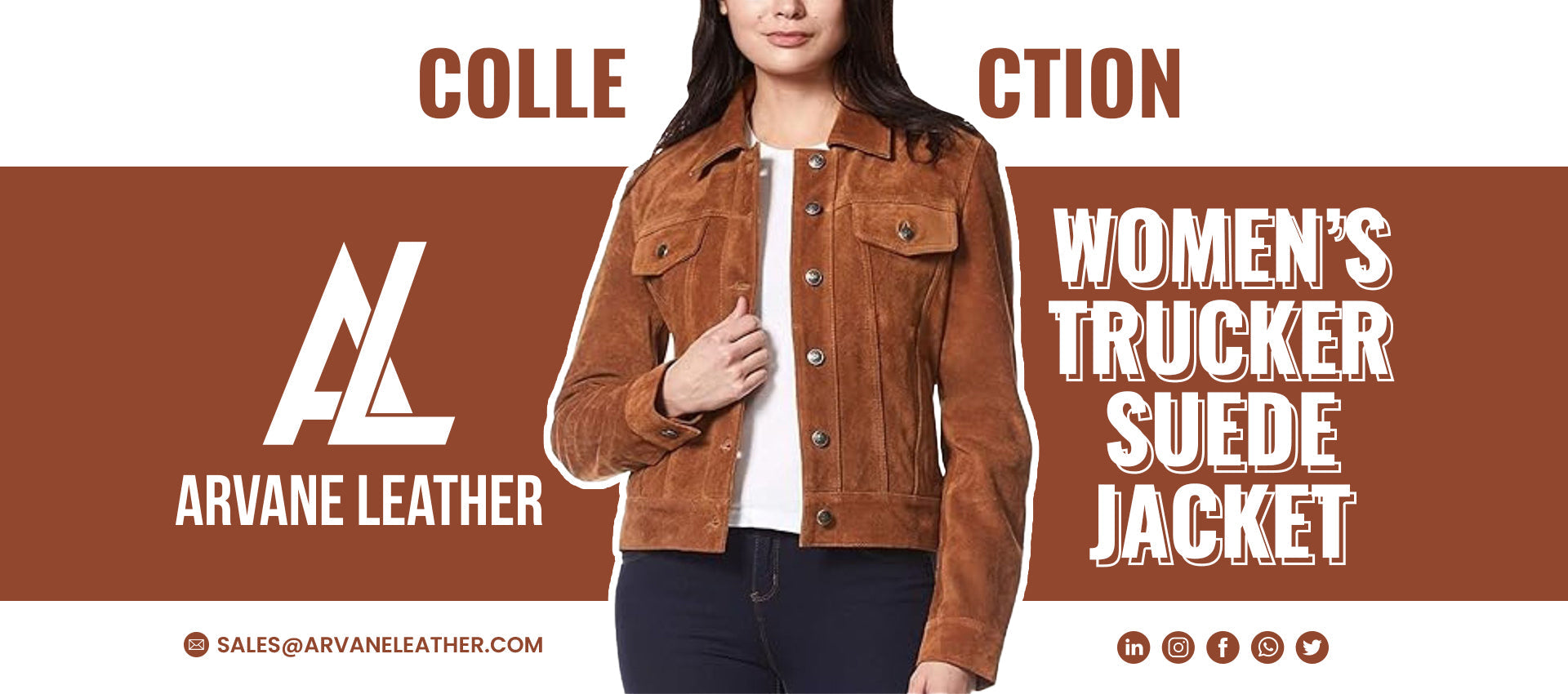 A woman wears the ARVANE LEATHER Women's suede trucker jacket from the Collection.