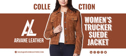 A woman wears the ARVANE LEATHER Women's suede trucker jacket from the Collection.