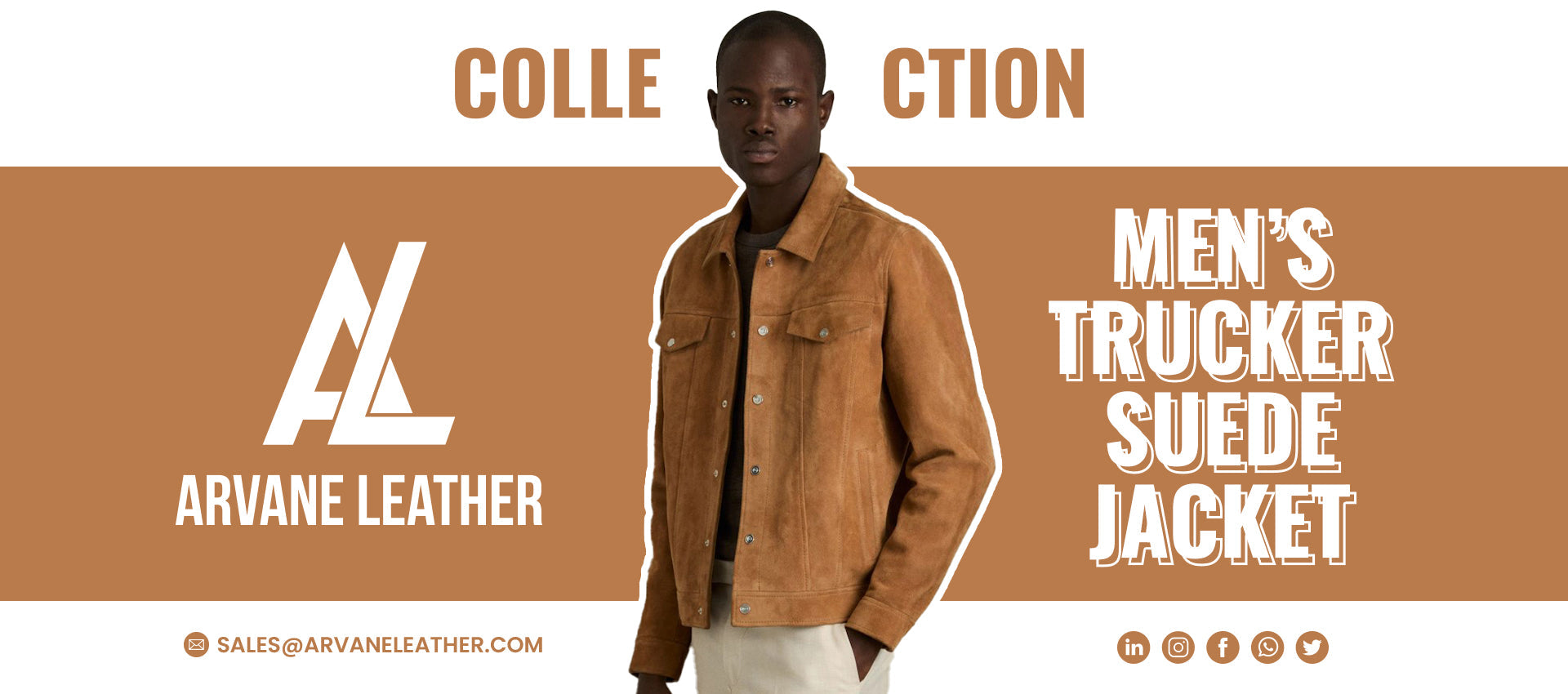 A man models the ARVANE LEATHER Men's suede trucker jacket from the Collection.