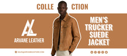 A man models the ARVANE LEATHER Men's suede trucker jacket from the Collection.