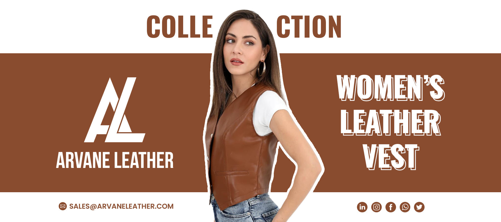 A woman models the ARVANE LEATHER distressed brown leather vest from the Women's Collection.