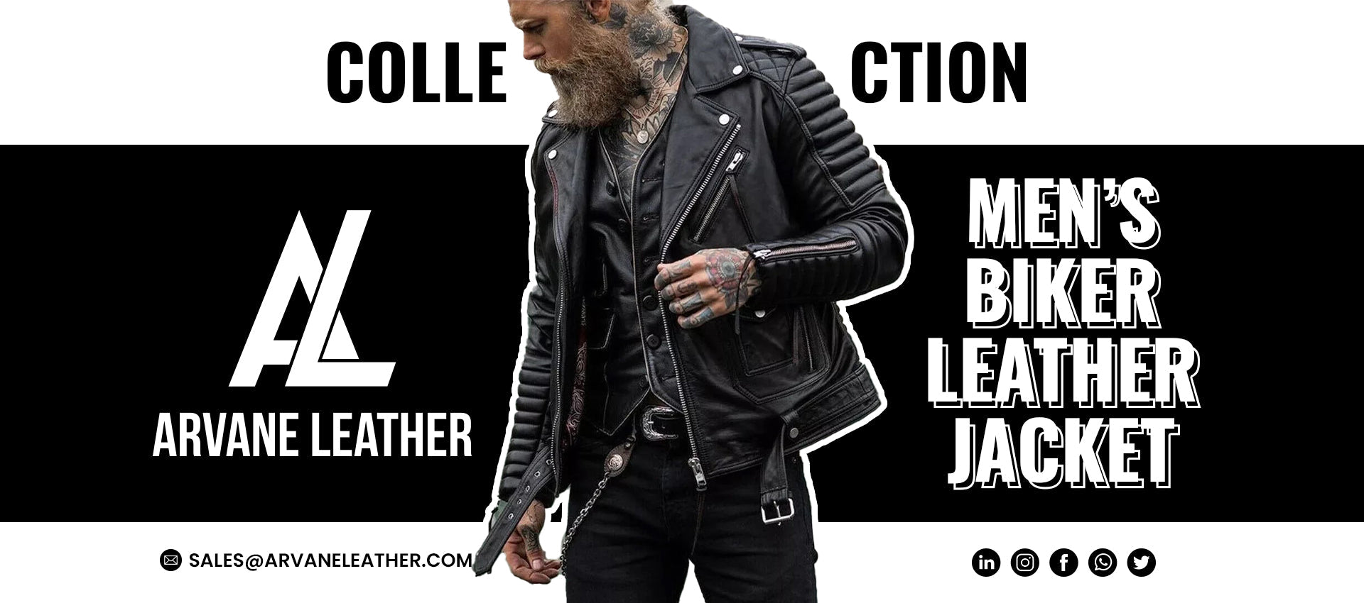 A man wearing the ARVANE LEATHER biker jacket from the Men's Collection.