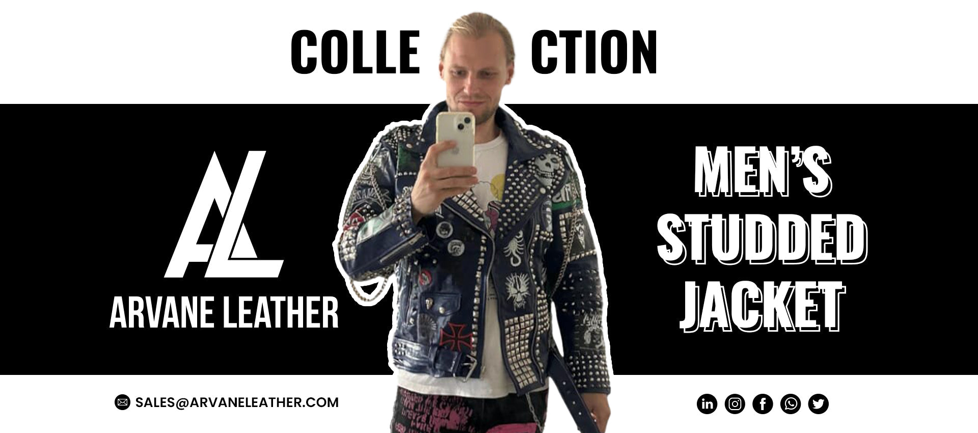 Arvane Leather Men’s Studded Leather Jacket – black biker jacket with silver studs, patches, and graphic designs, showcasing bold streetwear fashion and premium craftsmanship