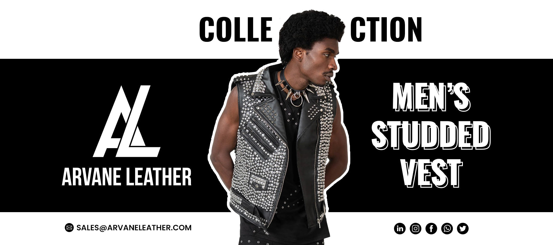 A man wearing the ARVANE LEATHER studded leather vest from the Men's Collection.