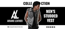 A man wearing the ARVANE LEATHER studded leather vest from the Men's Collection.