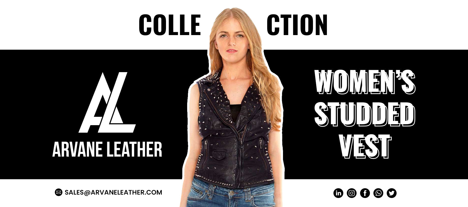 A woman models the ARVANE LEATHER studded leather vest from the Women's Collection.