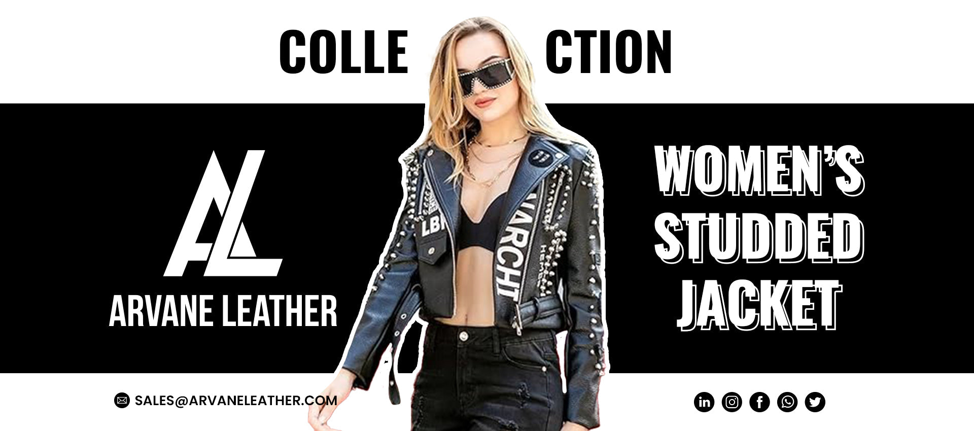 Arvane Leather Women’s Studded Leather Jacket – black cropped biker jacket with silver studs and bold white lettering, stylish and edgy design for modern women’s fashion