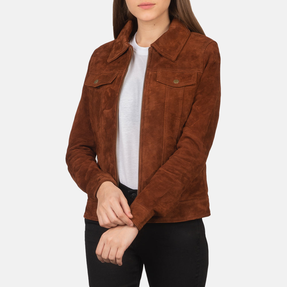 Brown Suede Front Button Pocket Trucker Jacket for Women