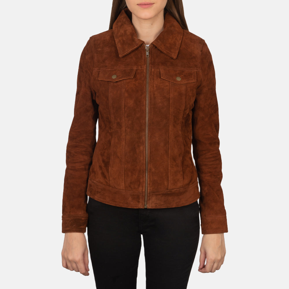 Brown Suede Front Button Pocket Trucker Jacket for Women