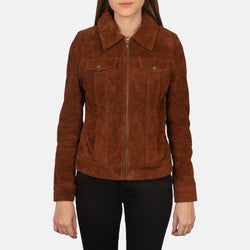 Brown Suede Front Button Pocket Trucker Jacket for Women