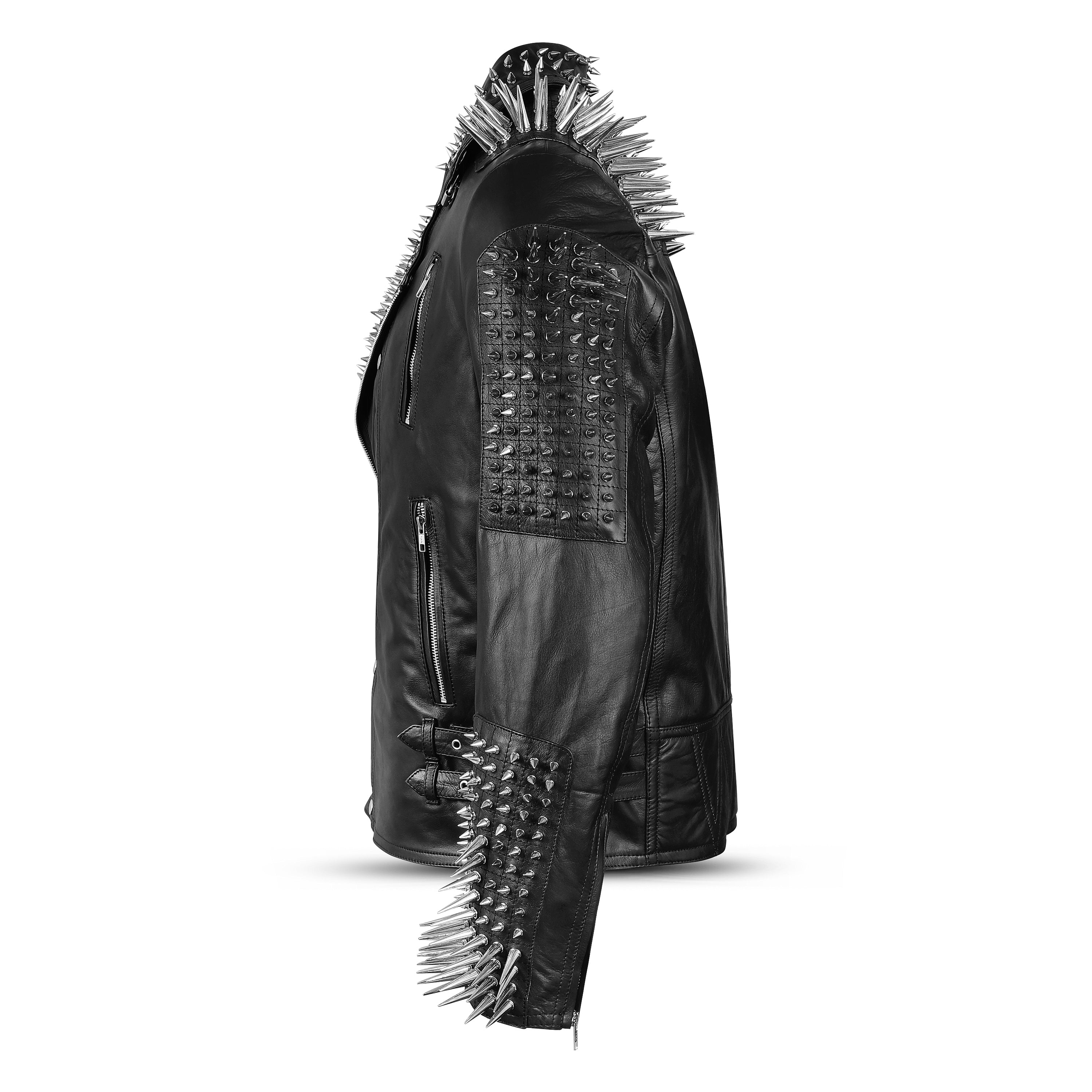 Studded Black Leather Jacket with Spiked Collar