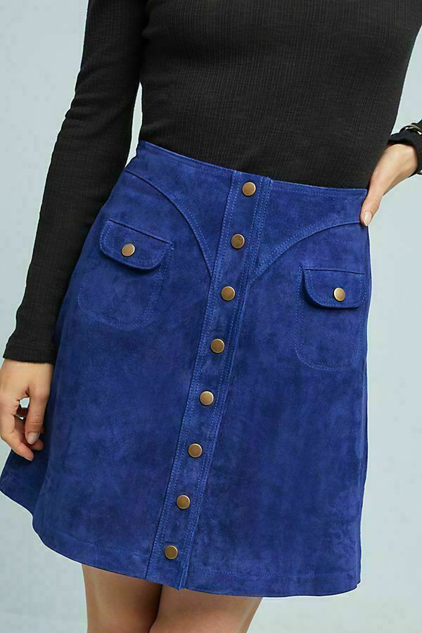 Retro Blue Suede Mini Skirt with Button Detail