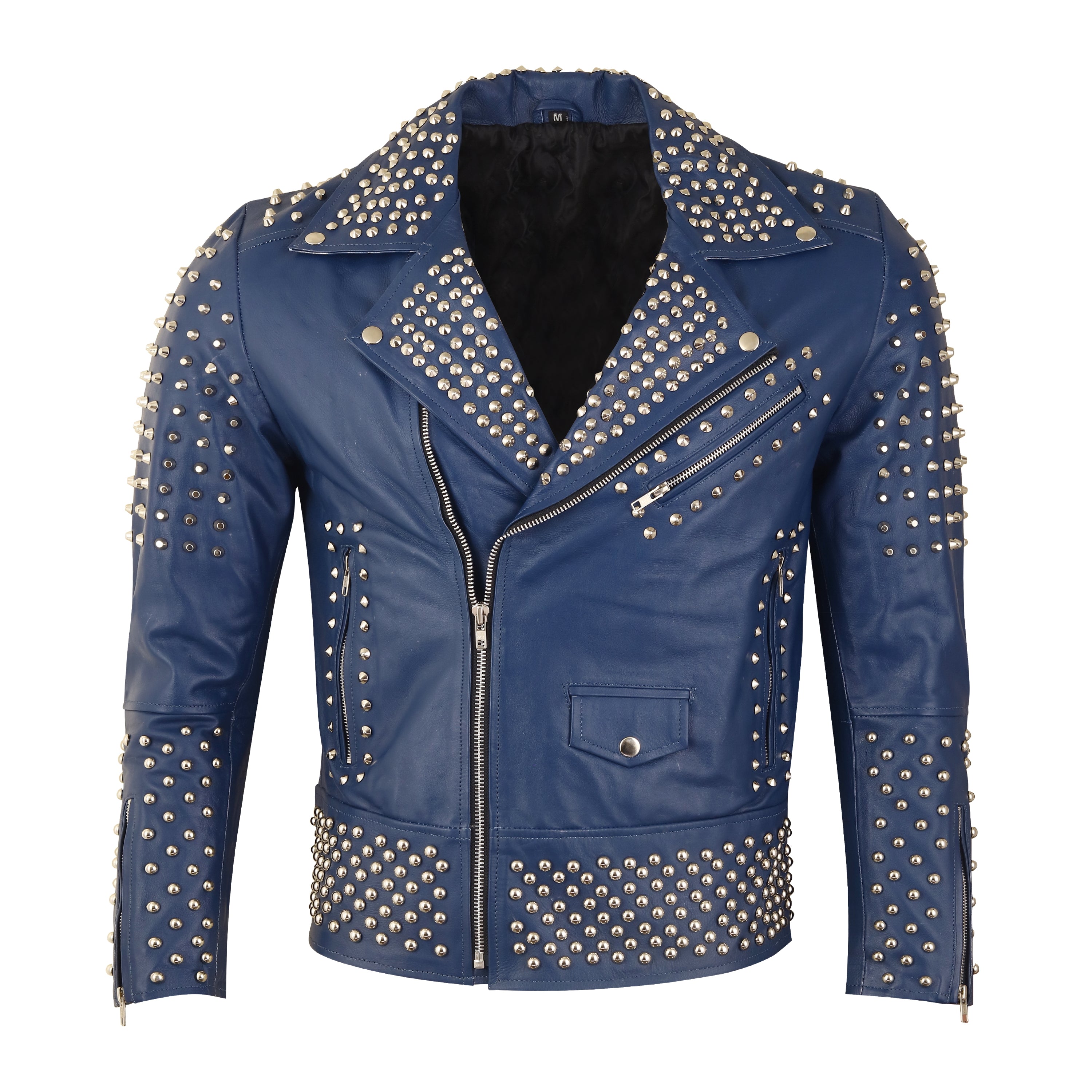 Electric Blue Studded Leather Jacket for Men