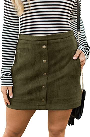 Olive Green Suede Button-Front Mini Skirt