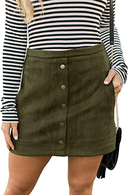 Olive Green Suede Button-Front Mini Skirt