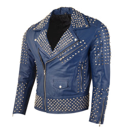 Electric Blue Studded Leather Jacket for Men