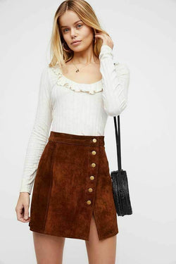 Brown Suede Mini Skirt with Button Detail