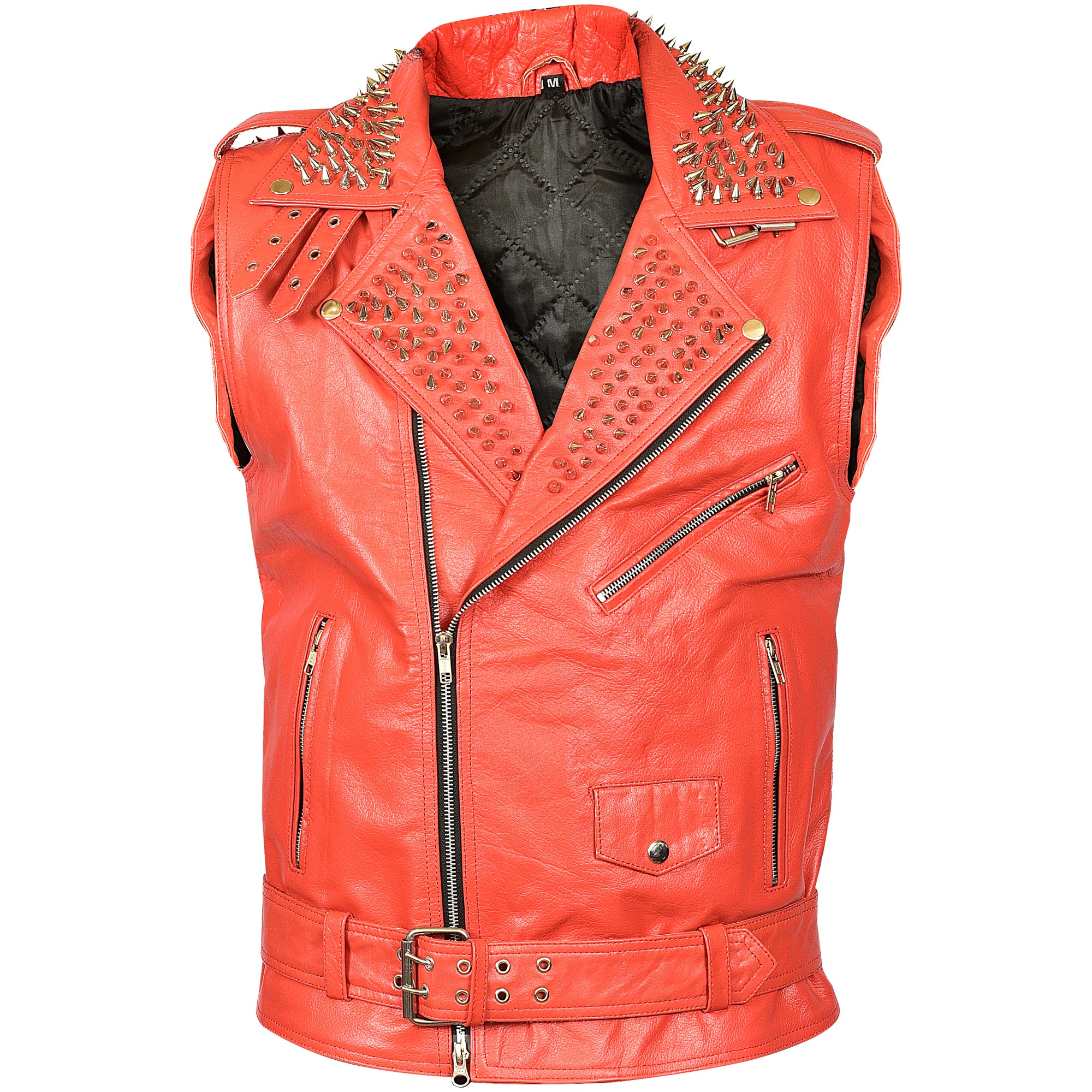 Red Spiked Collar Leather Vest