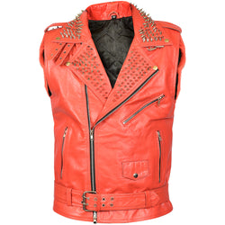 Red Spiked Collar Leather Vest