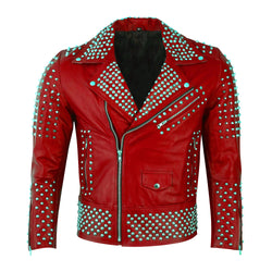 Fiery Red Studded Leather Jacket