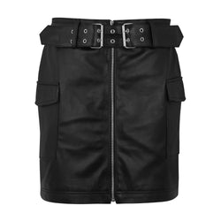 Edgy Black Leather Look Mini Skirt with Belt and Pockets