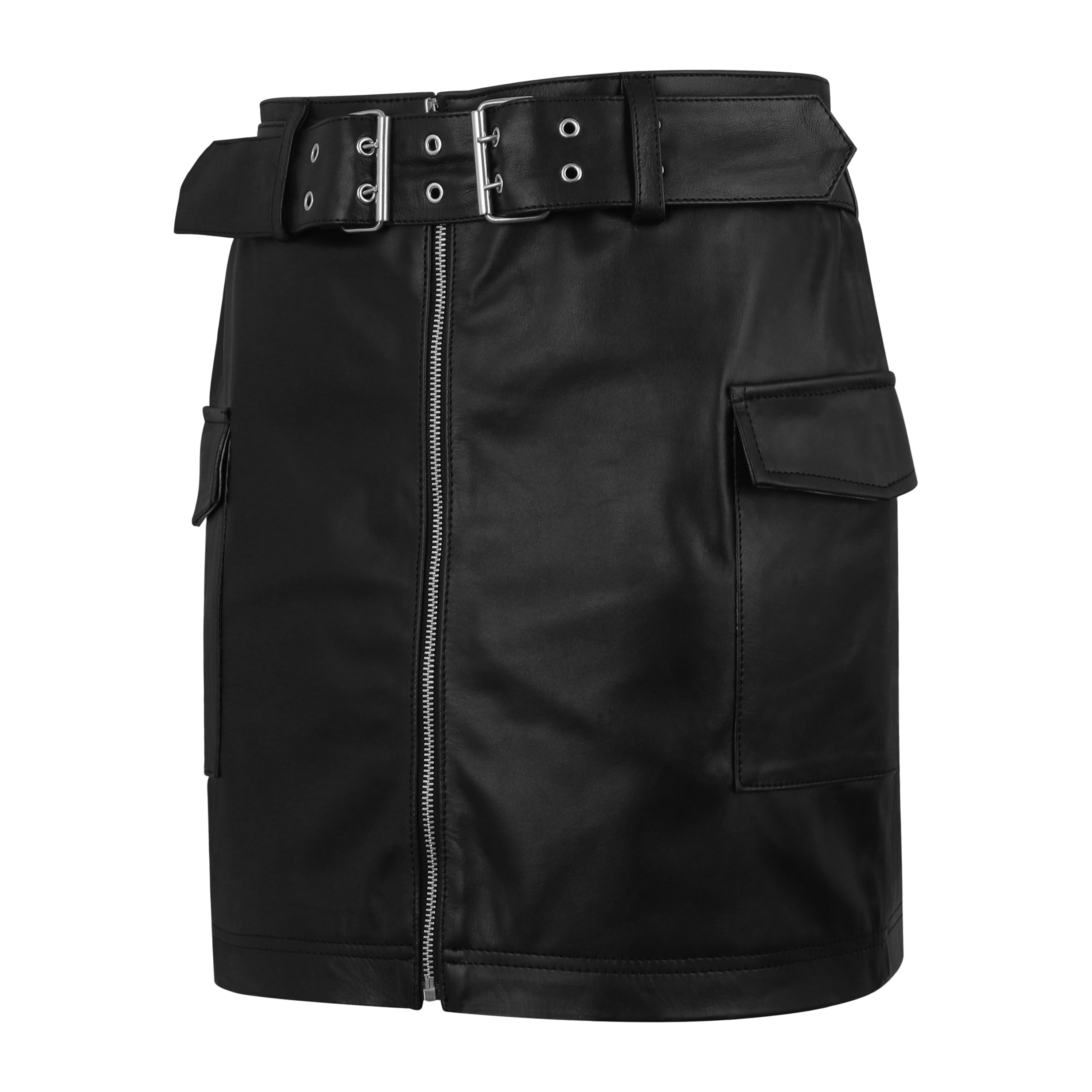 Edgy Black Leather Look Mini Skirt with Belt and Pockets