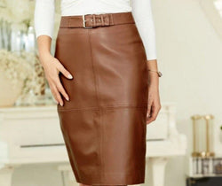 Elegant Brown Leather Pencil Skirt