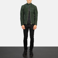 Green Suede Angled Zipper Fashion Leather Jacket for Men