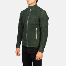 Green Suede Angled Zipper Fashion Leather Jacket for Men