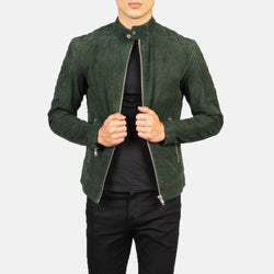 Green Suede Angled Zipper Fashion Leather Jacket for Men