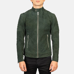 Green Suede Angled Zipper Fashion Leather Jacket for Men