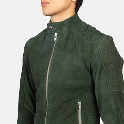 Green Suede Angled Zipper Fashion Leather Jacket for Men