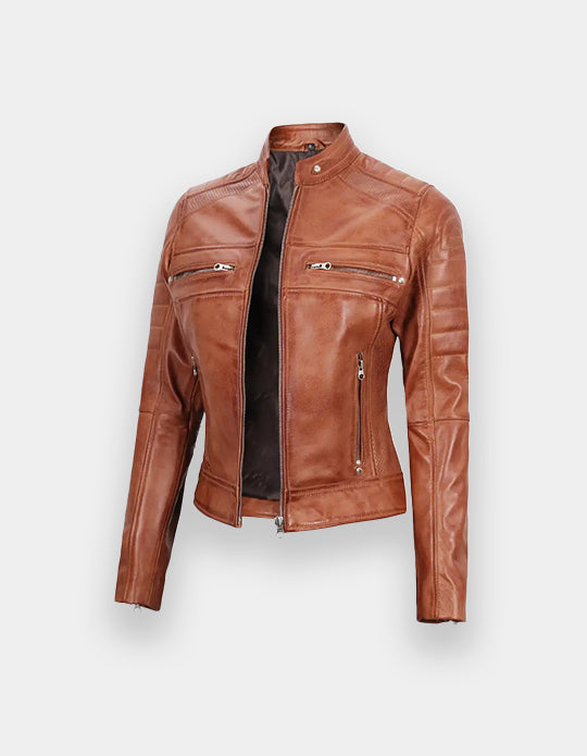 Women's Tan Brown Cafe Racer Leather Jacket