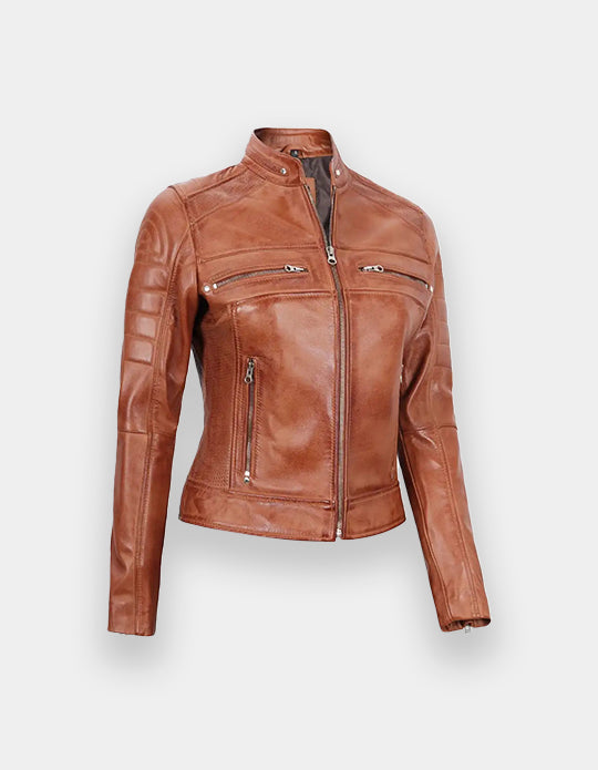 Women's Tan Brown Cafe Racer Leather Jacket
