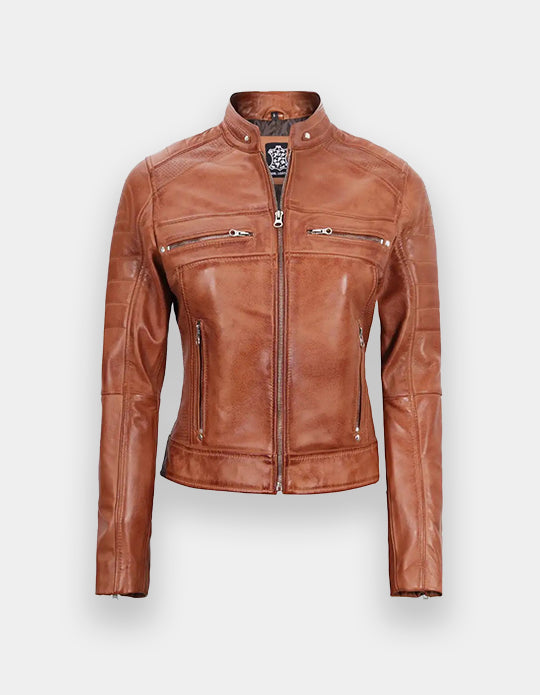 Women's Tan Brown Cafe Racer Leather Jacket