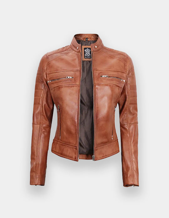 Women's Tan Brown Cafe Racer Leather Jacket