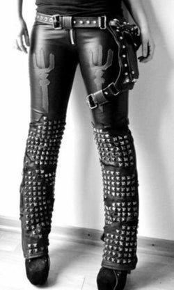 Front Back Studded Black Leather Pants