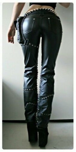 Front Back Studded Black Leather Pants