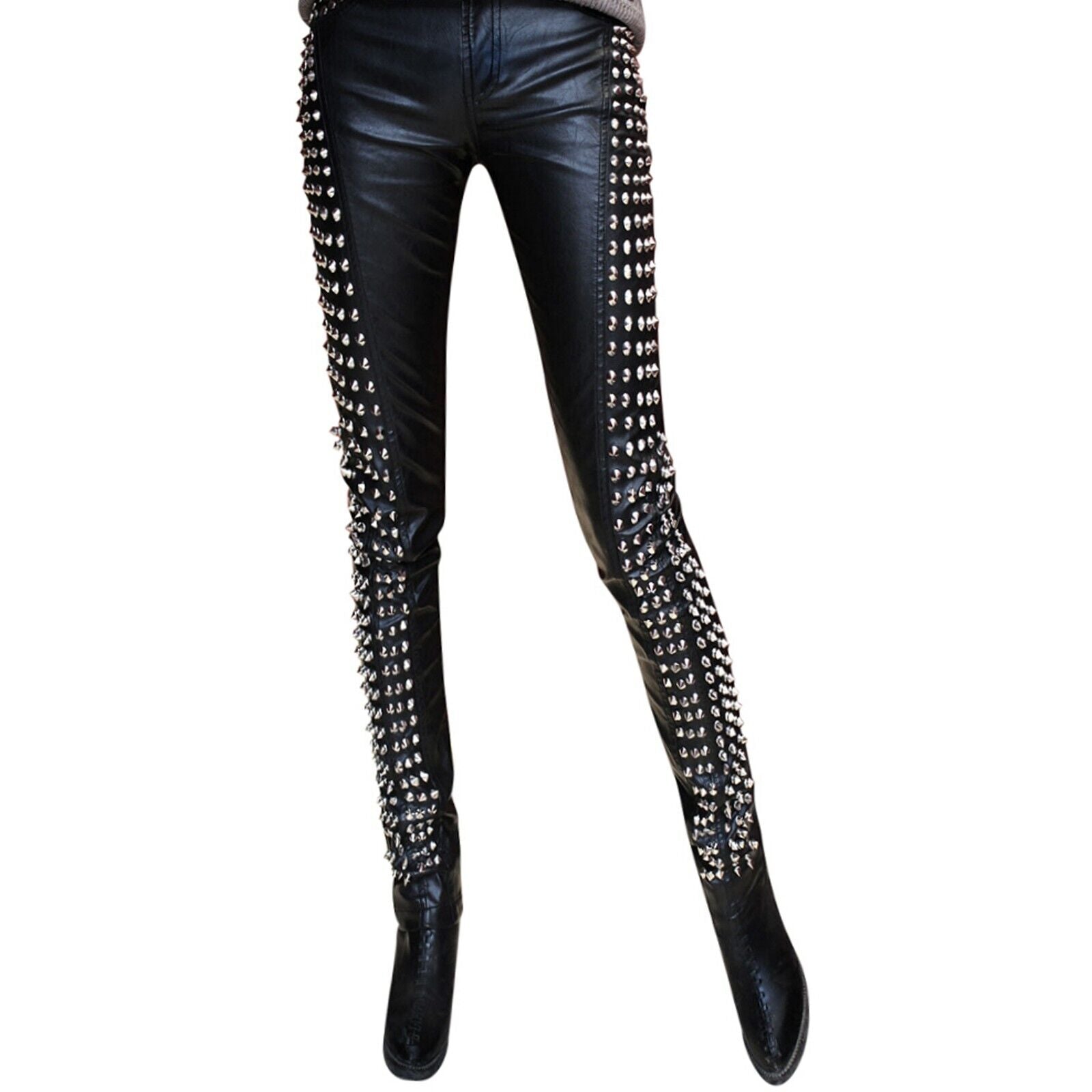 Side Studded Black Leather Pants