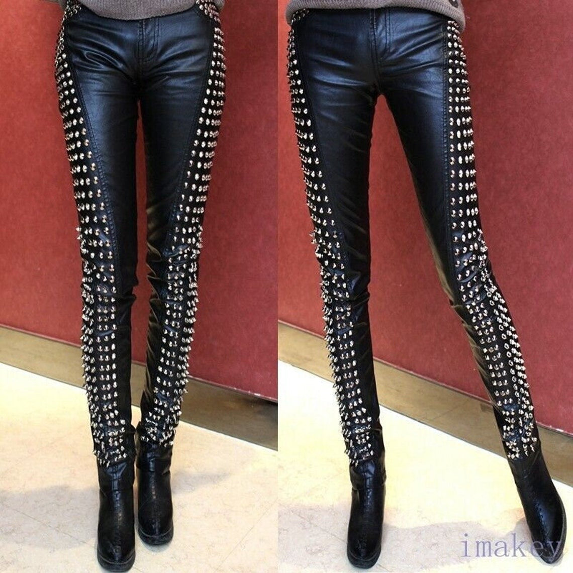 Side Studded Black Leather Pants