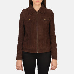 Dark Brown Suede Front Button Pocket Jacket for Women