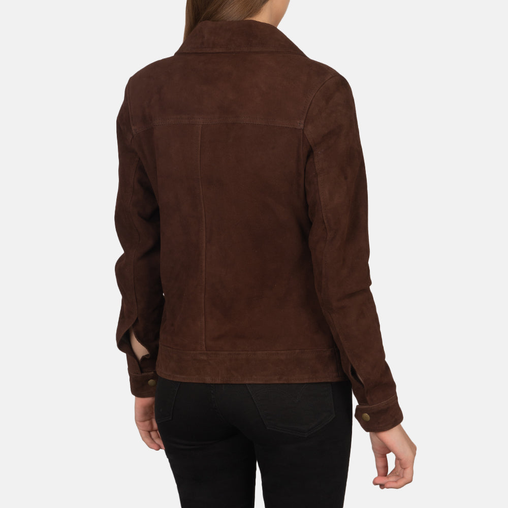 Dark Brown Suede Front Button Pocket Jacket for Women