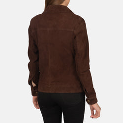 Dark Brown Suede Front Button Pocket Jacket for Women