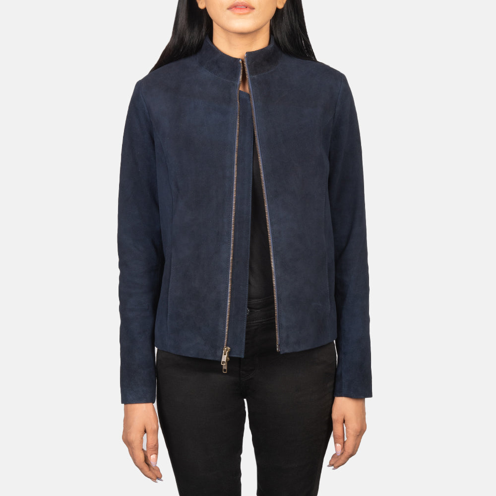 Blue Suede Zip-Up Jacket for Women