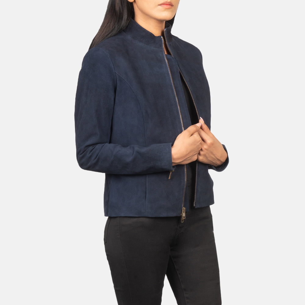 Blue Suede Zip-Up Jacket for Women