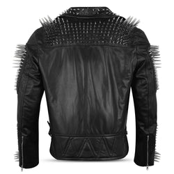 Studded Black Leather Jacket with Spiked Collar