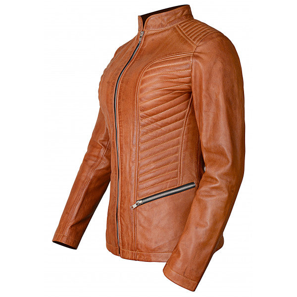 Luxurious Brown Leather Racer Jacket for Women