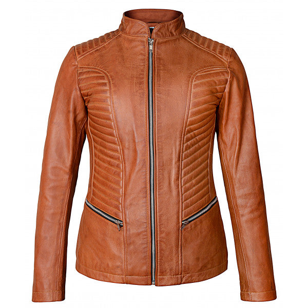 Luxurious Brown Leather Racer Jacket for Women